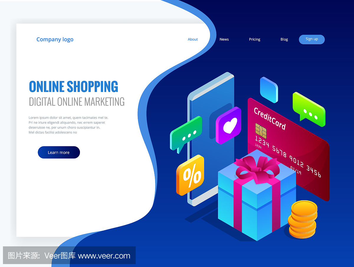 等距網(wǎng)上購物概念。數(shù)字網(wǎng)絡(luò)營銷商業(yè)銷售概念。最好的禮物。矢量圖